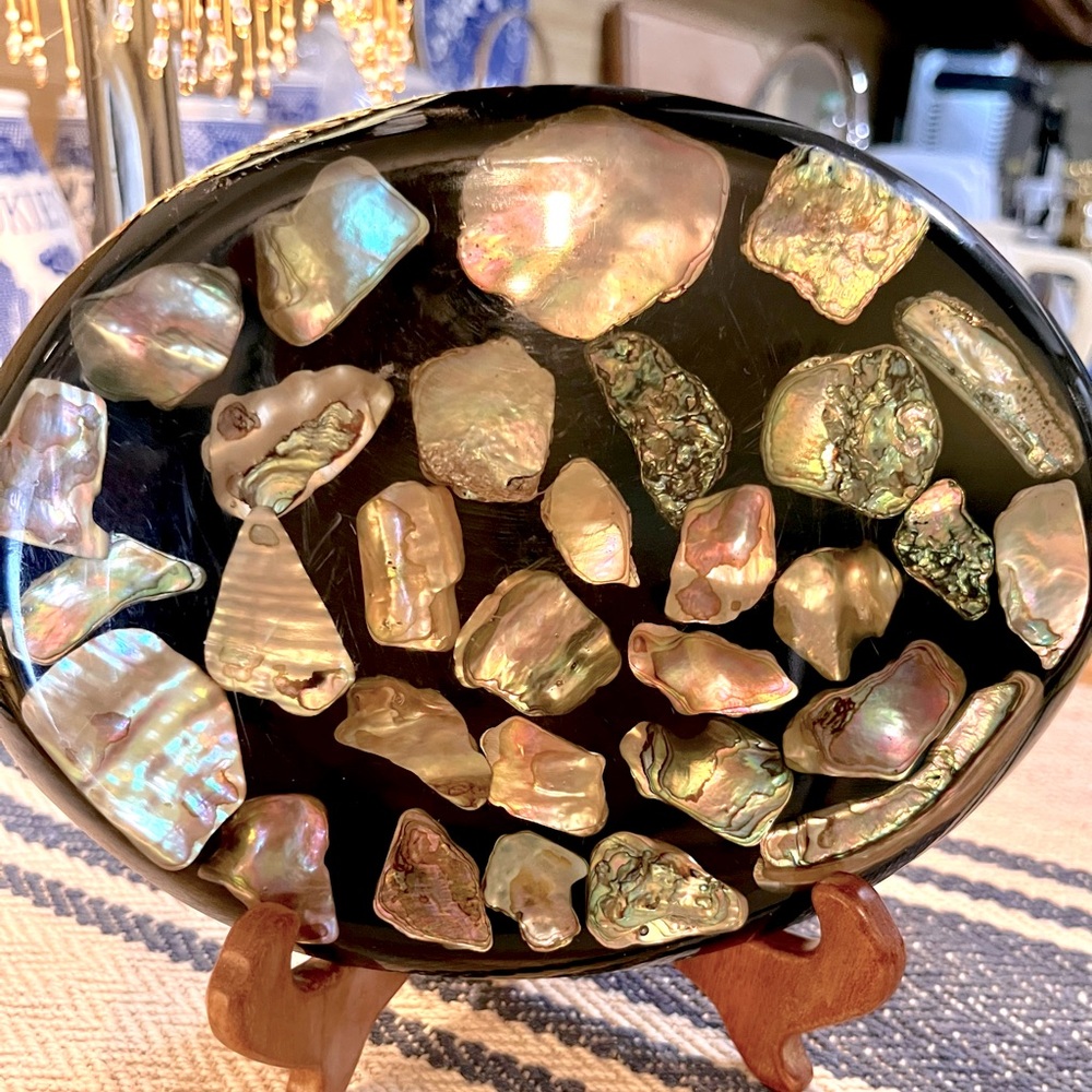 Beautiful Vintage Natural Abalone Shell Oval Trivet  c1969